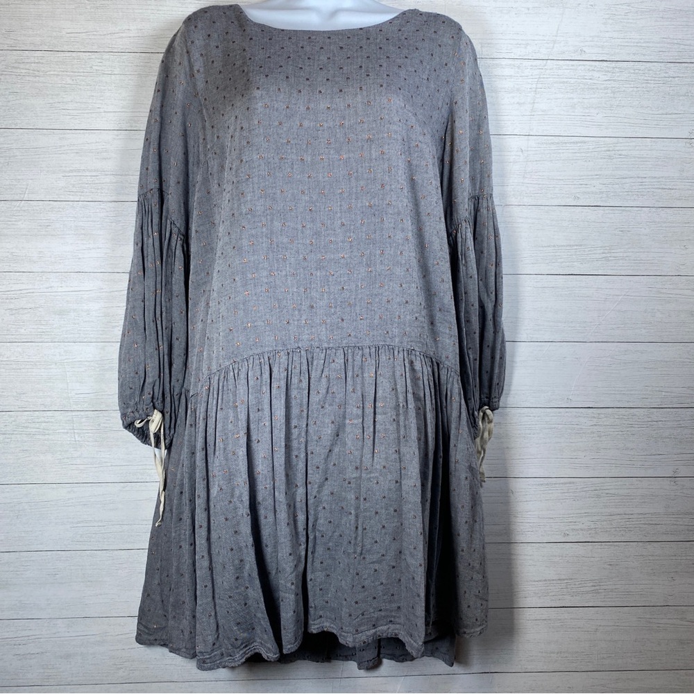Paper Crown polka dot oversized dress, puff sleeve, drop waist, gray, Large, USA
